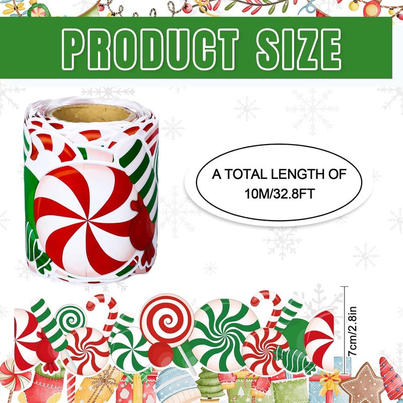 Whaline 32.8Ft Christmas Candy Peppermint Bulletin Board Border Xmas Red Green Candy Cane Rolled Self Adhesive Border Trim Stickers for Xmas Holiday Party Classroom Chalkboard Wall Decor - Image 2